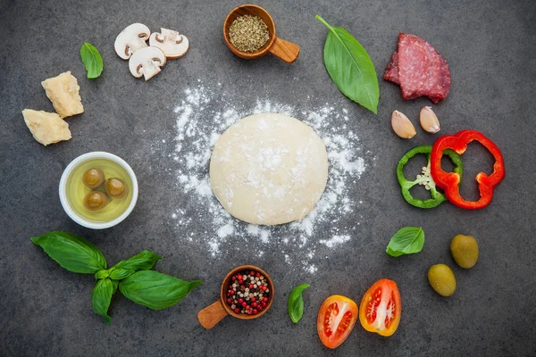 Massa crua para pizza caseira com ingredientes e ervas fl — Fotografia de Stock