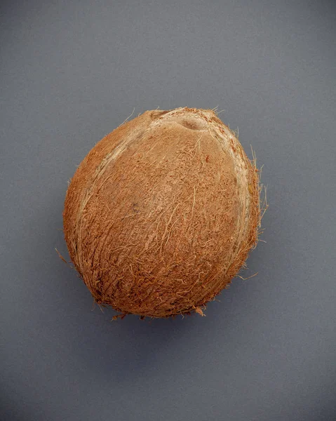 在灰色的背景上的椰子壳整体平躺和复制 spac — 图库照片
