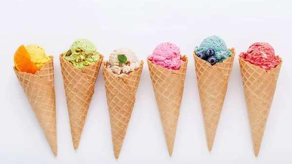 Various of ice cream flavor in cones blueberry ,strawberry ,pist