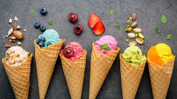 Various of ice cream flavor in cones blueberry ,strawberry ,pist