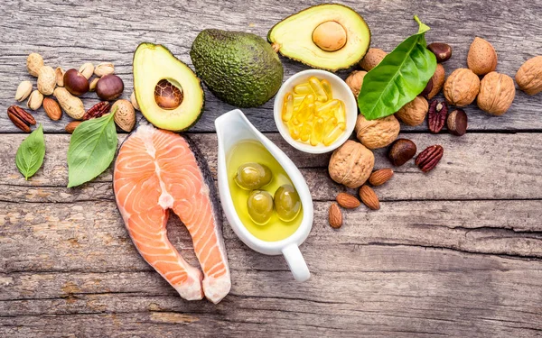 Selection food sources of omega 3 and unsaturated fats. Superfoo — Stock Photo, Image