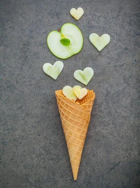 Apple Slice Waffle Cones Heart Shape Apple Setup Dark Stone — Stock Photo, Image