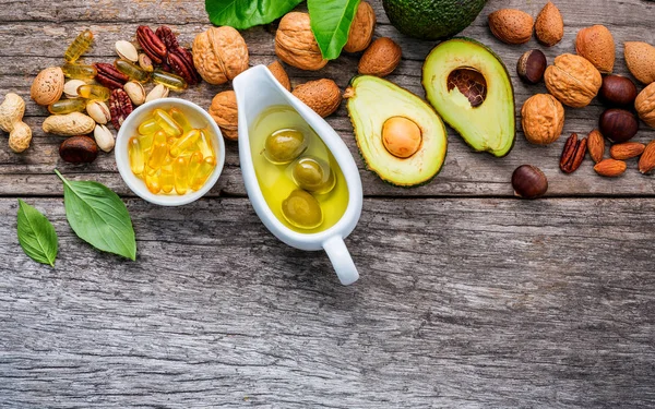 Omega Doymamış Yağ Seçimi Gıda Kaynakları Superfood Yüksek Vitamini Sağlıklı — Stok fotoğraf
