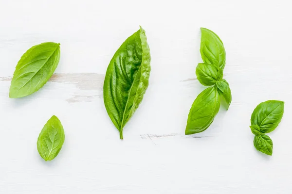 Feuilles Fraîches Basilic Vert Sucré Sur Fond Blanc Bois Minable — Photo