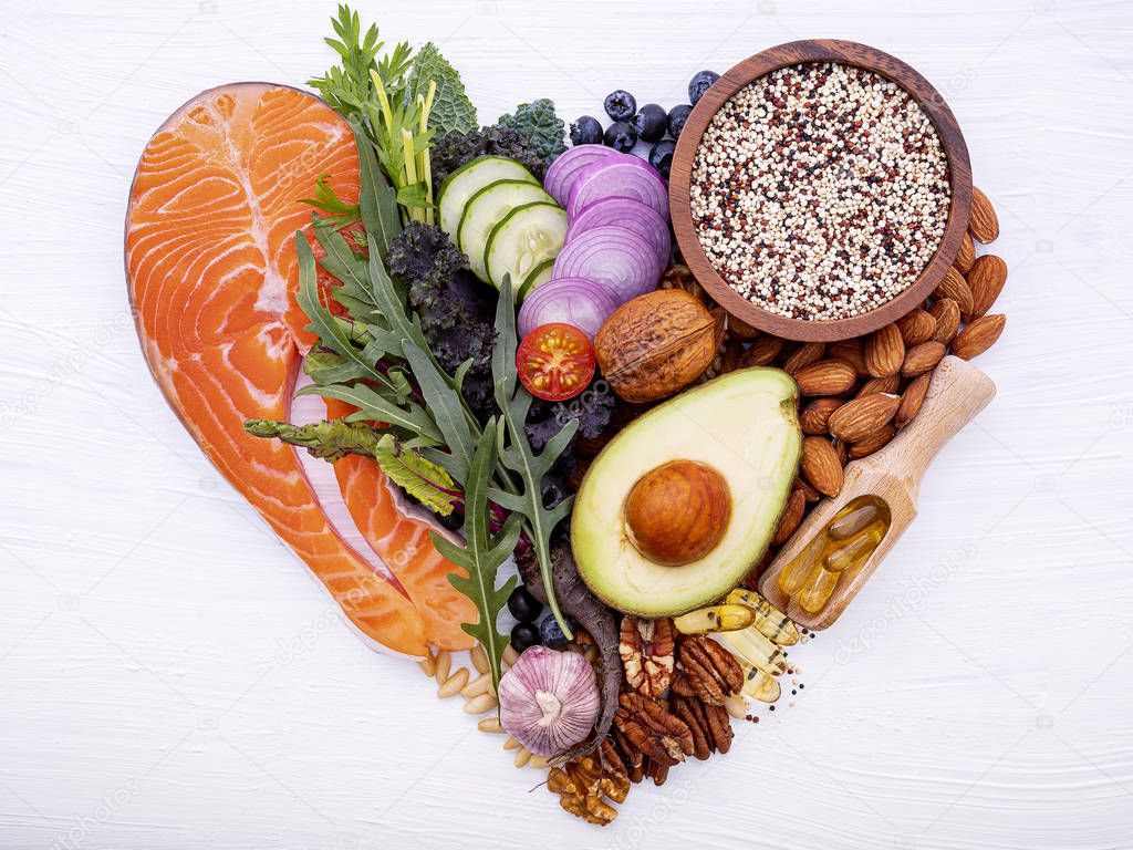 Heart shape of ketogenic low carbs diet concept. Ingredients for