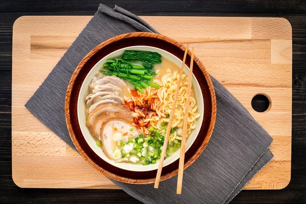 Asian Ramen Noodle Pork Bone Based Soup Pork Chashu Cutting — Stock Photo, Image