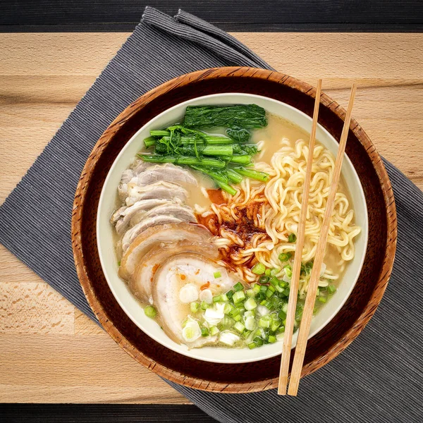 Asian Ramen Noodle Pork Bone Based Soup Pork Chashu Cutting — Stock Photo, Image