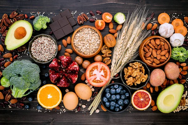 Інгредієнти Вибору Здорових Продуктів Концепція Здорової Їжі Створеної Дерев Яному — стокове фото