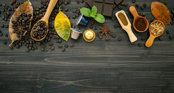 Coffee Beans Coffee Capsule Coffee Powder Dark Wooden Background Top — Stock Photo, Image