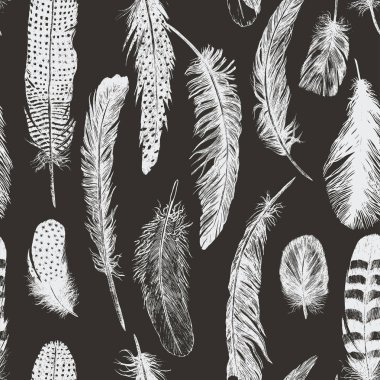 El çekilmiş vintage desen tüyleri ile. Vektör.