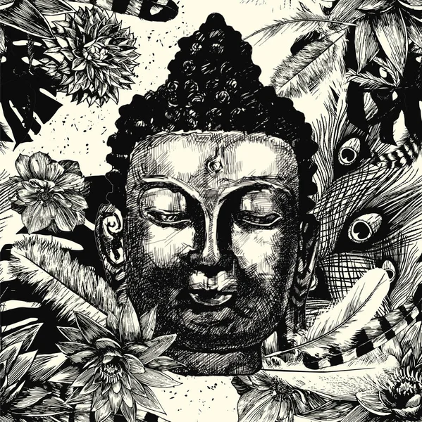 Голова Будди безшовний візерунок чорно-білий. Мальований вектор руки . — стоковий вектор