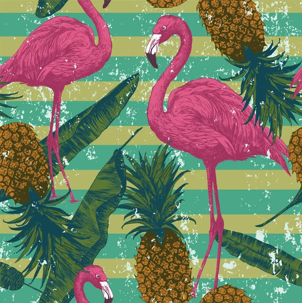 Padrão sem costura com flamingo, abacaxis, folhas de banana. Desenhado à mão . — Vetor de Stock