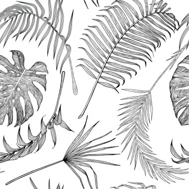 Dikişsiz siyah-beyaz desen egzotik yaprakları ile.