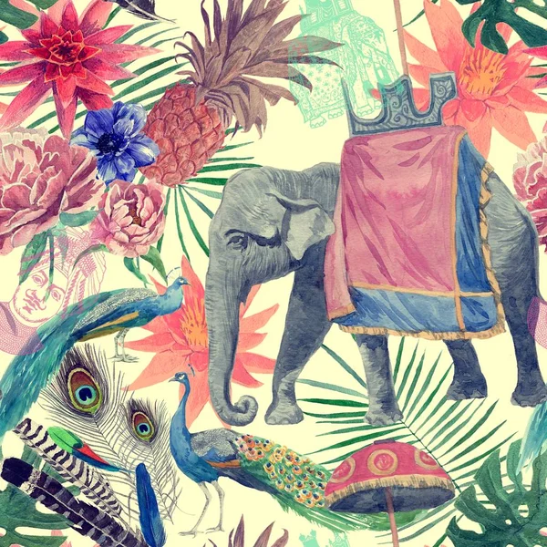 Modello di stile indiano vintage senza cuciture con elefante, pavoni, fiori, foglie. Acquerello disegnato a mano . — Foto Stock