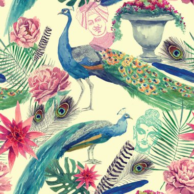 Seamless watercolor pattern with peacocks. Hand drawn vector. clipart