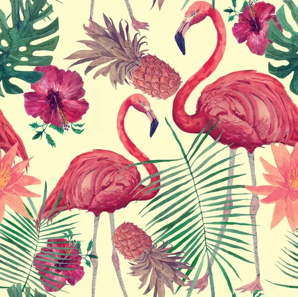 Model fără sudură acuarelă cu flamingo, frunze, flori. Trase de mână . — Vector de stoc