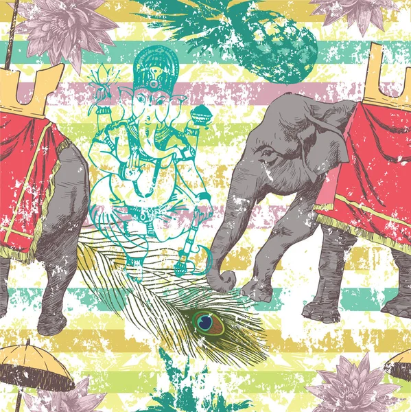 Modello senza cuciture con elefante indiano, fiori, Ganesha. Vettore . — Vettoriale Stock
