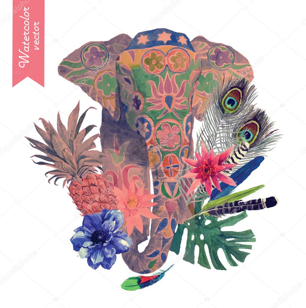 Watercolor illustration of indian elephant head. Vector.