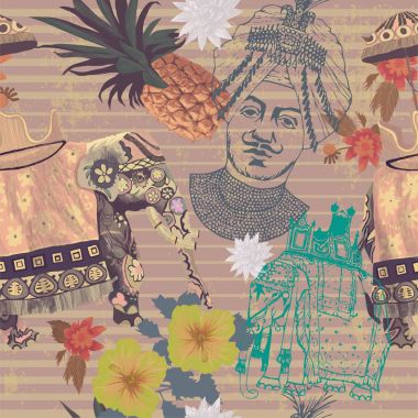 Seamlwss vintage pattern with indian elephant, pineapple, flowers, maharajah head. clipart