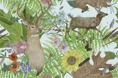 Geyikler, çiçekler, tüyler ve yapraklarla kusursuz suluboya deseni.