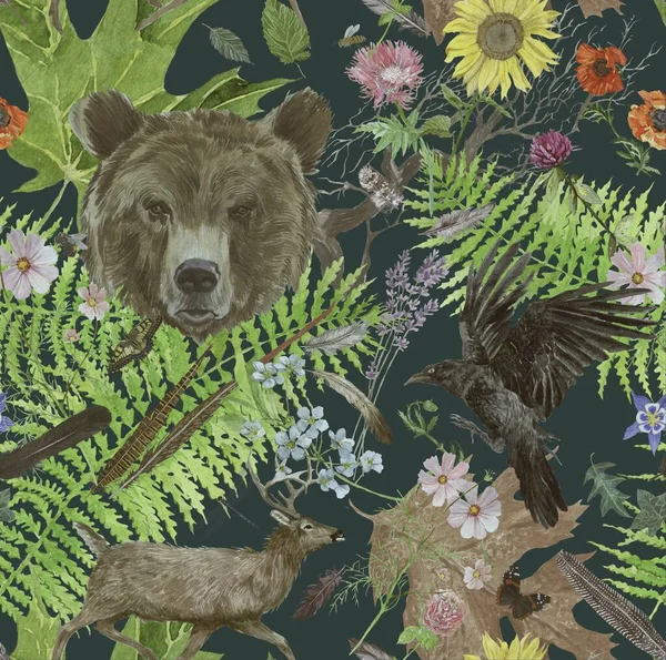 Bezešvé ručně kreslené akvarel vzor s medvědí hlavou, jelen, havran. — Stock fotografie