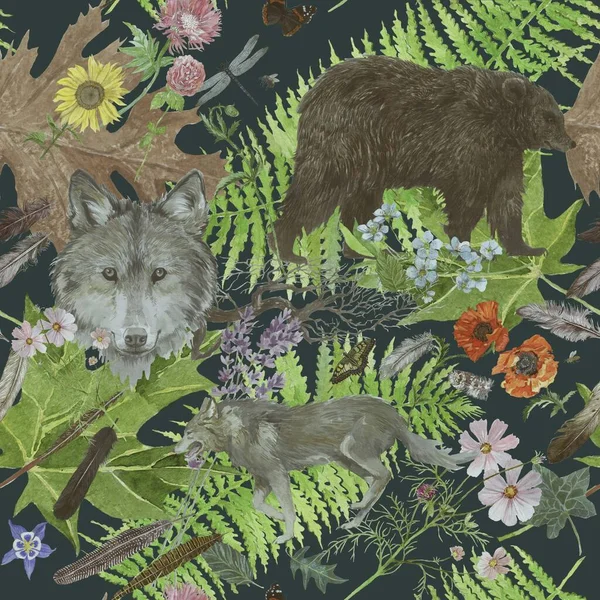 Płynny akwarela ręcznie rysowane wzór z głową wilka, niedźwiedź, kwiaty, liście, pióra. — Zdjęcie stockowe
