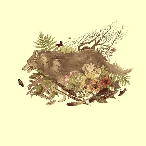 Rysunek ręcznie rysowane akwarela z wilkiem bieganie, liście, kwiaty, pióra. — Zdjęcie stockowe