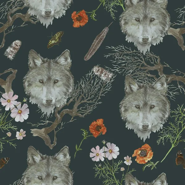 Seamless watercolor pattern with wolf heads, flowers, branches.
