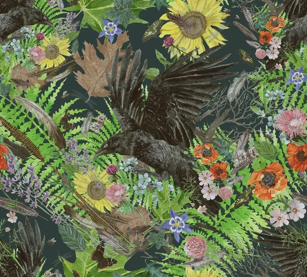 Patrón de moda sin costuras con cuervo, flores, plumas, plumas . — Foto de Stock