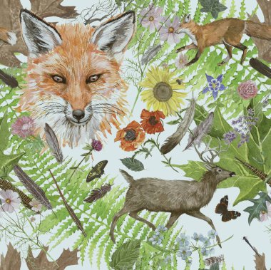 Seamless watercolor hand drawn watercolor pattern with fox head, running deer flowers, leaves, feathers. clipart