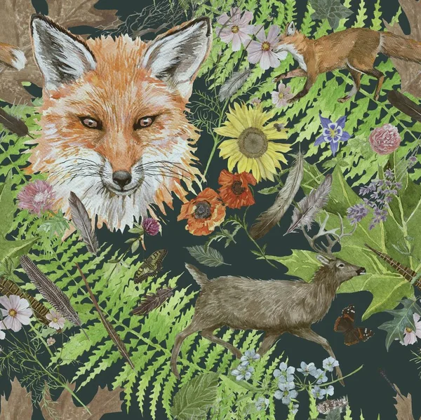 Бесшовный акварельный рисунок ручной работы акварели с головой лисы, бегущие цветы оленя, листья, перья . — стоковое фото