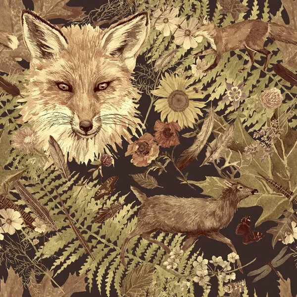 Aquarelle sans couture motif aquarelle dessiné à la main avec tête de renard, fleurs de cerf courant, feuilles, plumes . — Photo