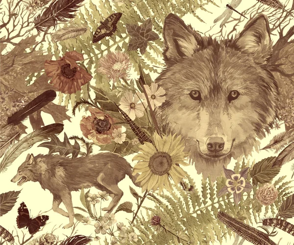 Padrão de aquarela sem costura com lobos, folhas, flores, penas . — Fotografia de Stock