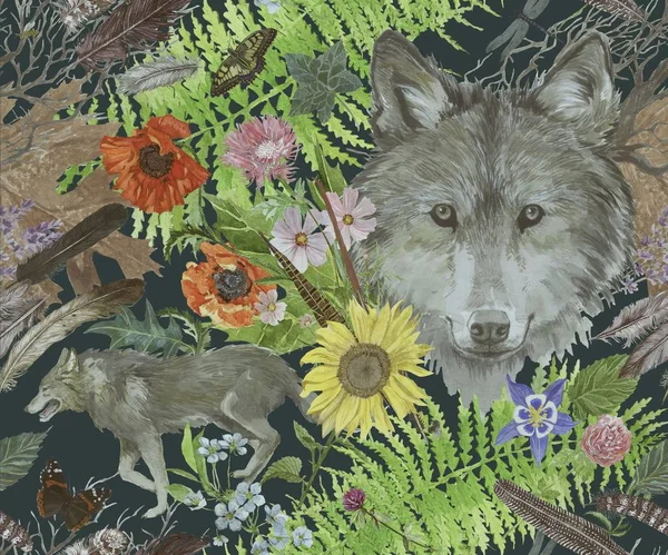 Płynny akwarelowy wzór z wilkami, liśćmi, kwiatami, piórami. — Zdjęcie stockowe
