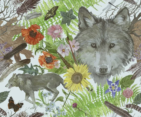 Motif aquarelle sans couture avec loups, feuilles, fleurs, plumes . — Photo