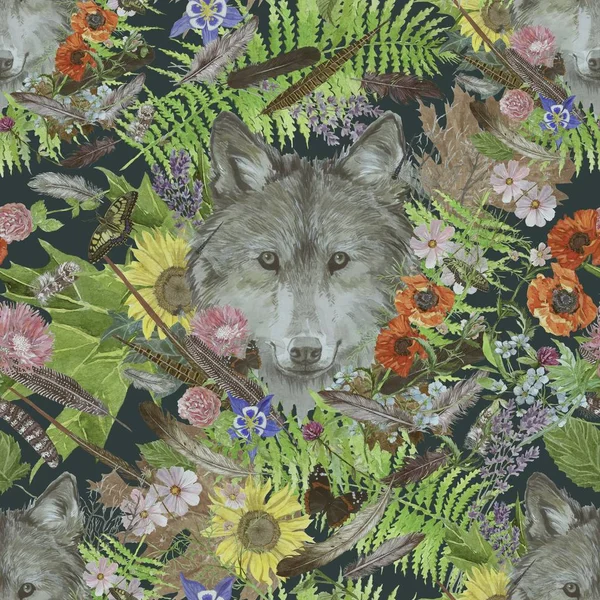 Płynny akwarelowy wzór z głową wilka, kwiatami, piórami. — Zdjęcie stockowe