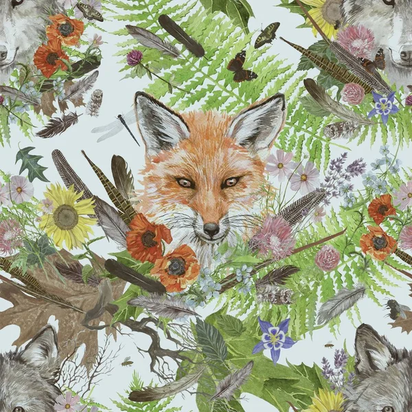 Бесцветный акварельный узор с головой лисы и волка — стоковое фото