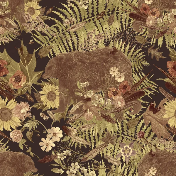 Бесшовный акварель винтажный стиль шаблон с медведями, цветами, листьями, перьями . — стоковое фото