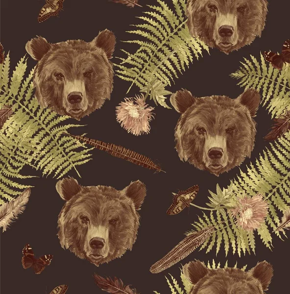 クマの頭、花、羽を持つシームレス水彩手描かれたヴィンテージパターン. — ストック写真