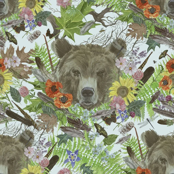 Бесшовный стиль акварели с медвежьей головой, цветами, листьями, перьями — стоковое фото