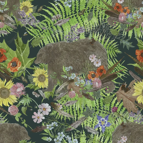 Płynny akwarela vintage styl wzór z niedźwiedzi, kwiatów, liści, piór. — Zdjęcie stockowe