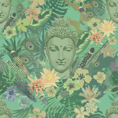 Buda başlıklı kusursuz vintahe tarzı vektör deseni.