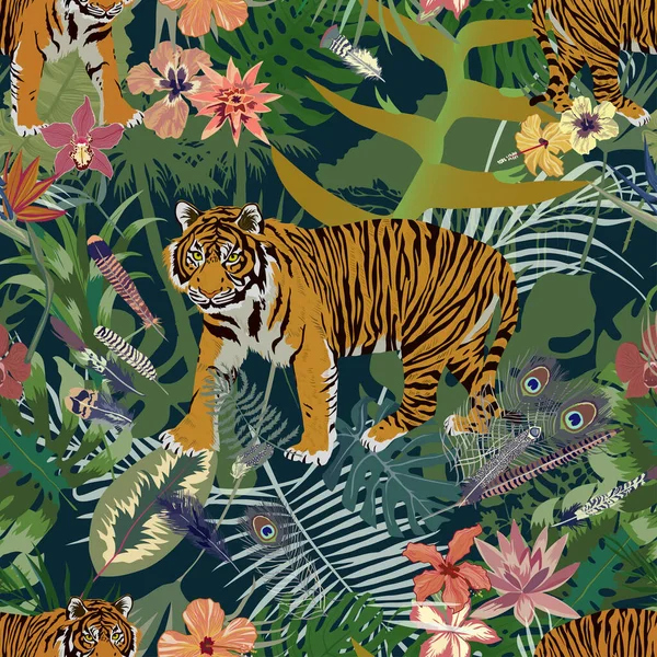 Motif exotique sans couture avec tigre, feuilles, fleurs, plumes . — Image vectorielle