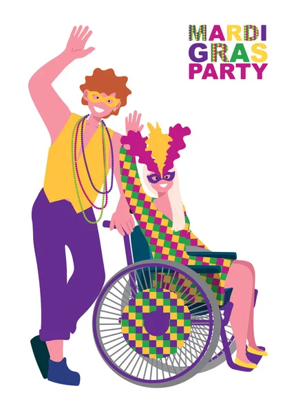 A couple - a man and a girl in a wheelchair in carnival costumes at the festival. A decorated wheelchair and a girl in a wheelchair. Flat vector illustration