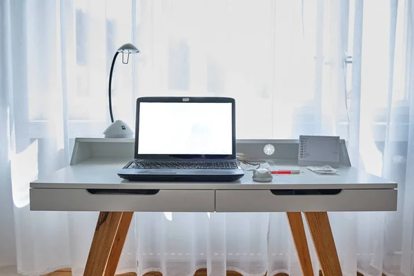 Home Office Mockup Laptop Computer Bright Room Working Home Quarantine — Stock Photo, Image