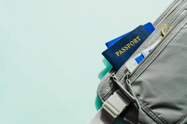 Travel concept. Passports, organizer belt wallet and money flat lay on mint green background.