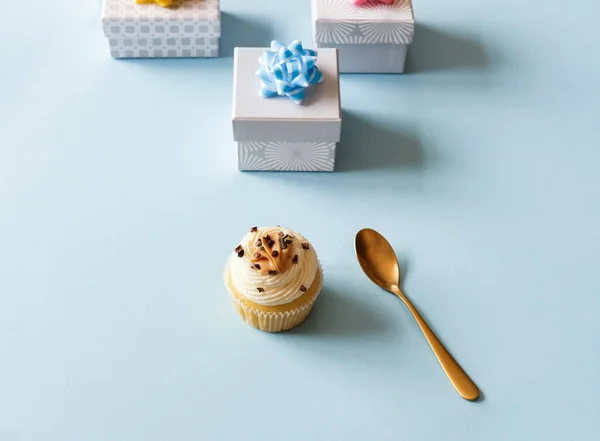White Gift Boxes Blue Pink Yellow Bows Vanilla Cupcake Pastel