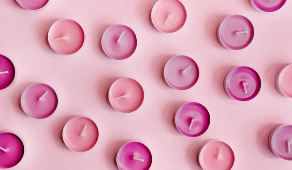 Patrón Velas Degradado Mini Aroma Sobre Fondo Rosa Spa Belleza — Foto de Stock
