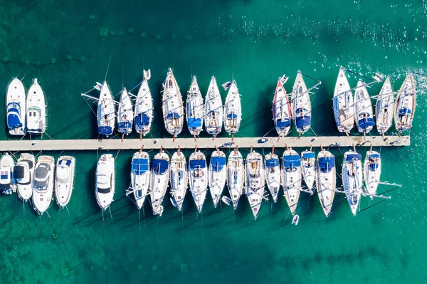 Aerial overhead view of yachts in marina in town of Vodice, Adriatic sea in Croatia