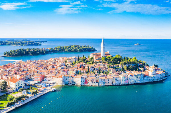 Croatia, panoramic view of beautiful blue Adriatic coast in Istria, aerial of old town of Rovinj